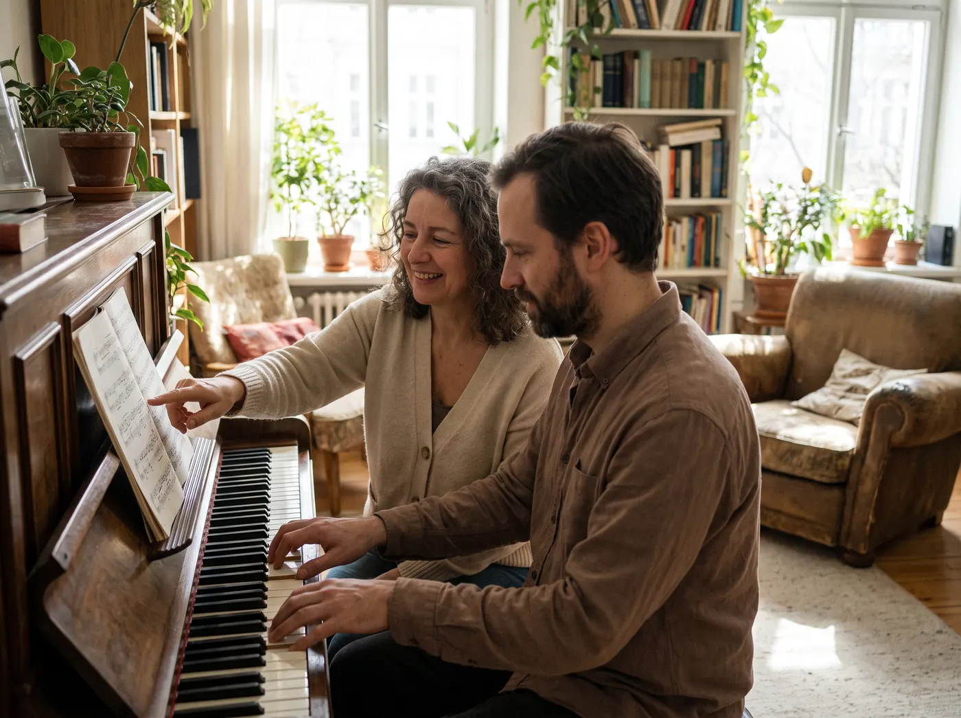 A piano teacher and an adult student at an upright piano