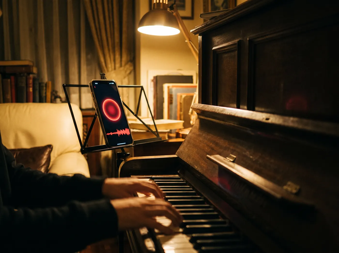 A smartphone recording on the music stand of an upright piano