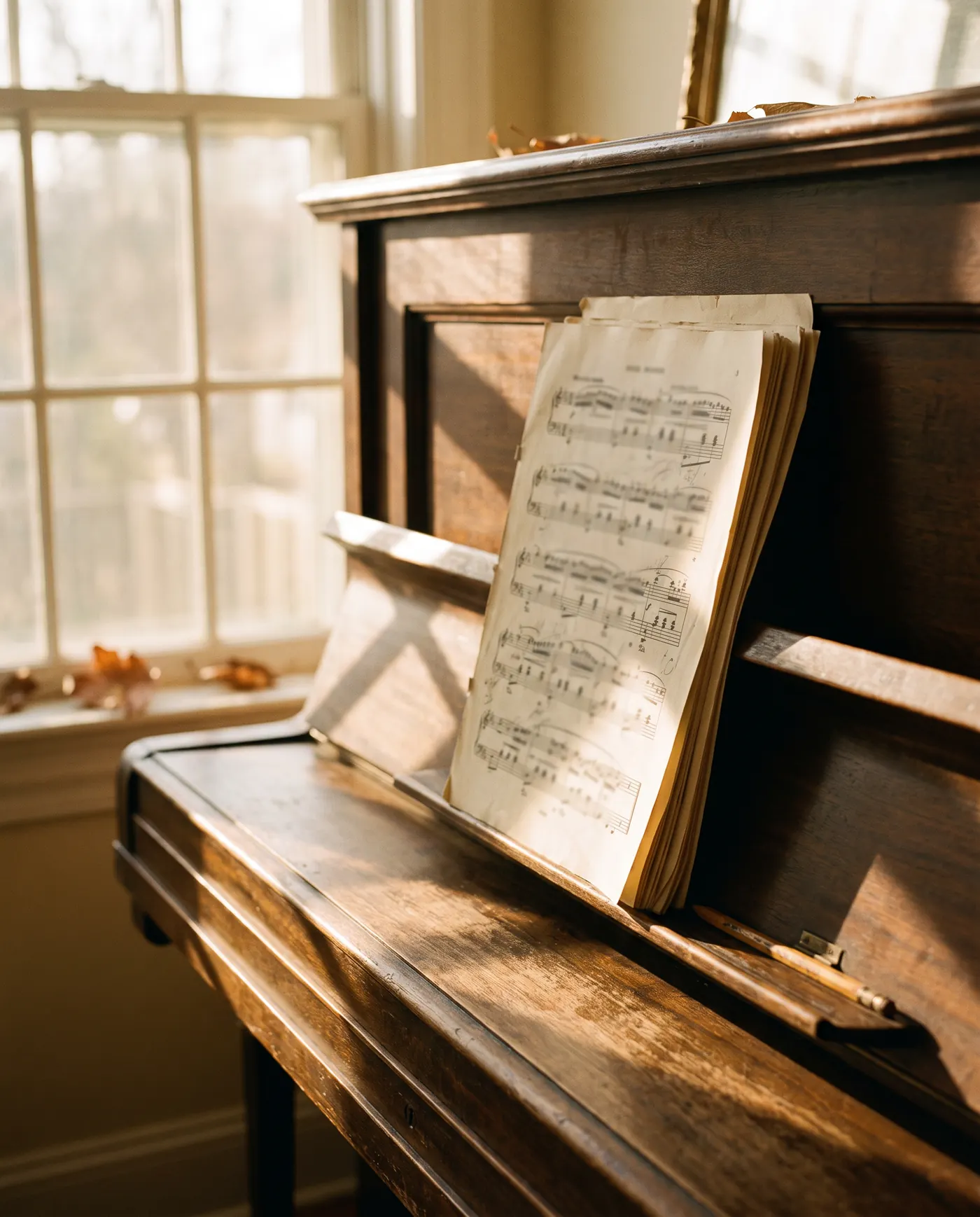 Printed sheet music resting on a piano's music stand