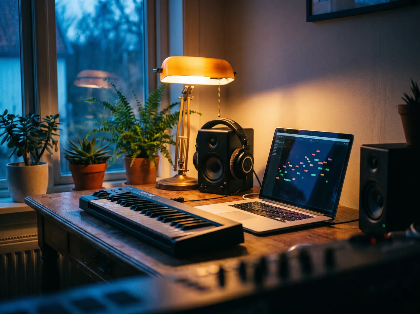A home studio desk with a MIDI keyboard and a laptop